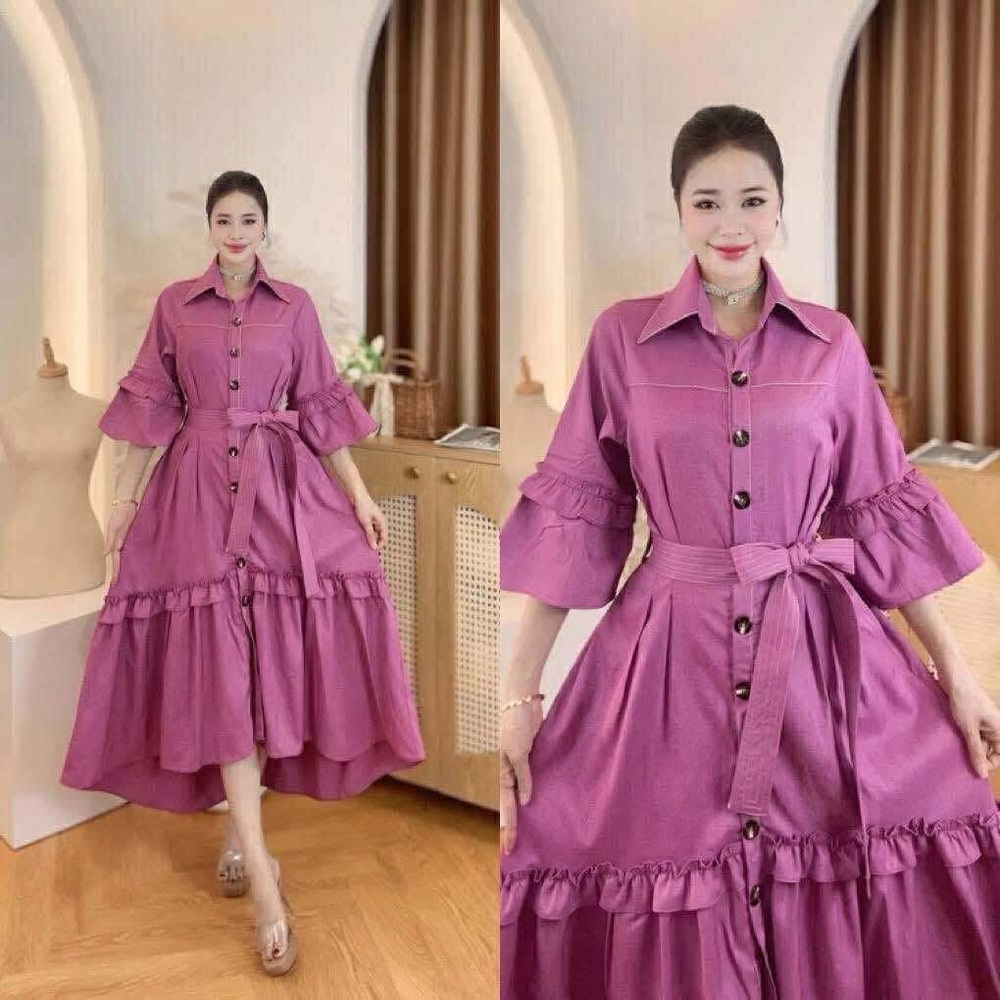 Elegant Purple Button-Front Midi Dress with Belt